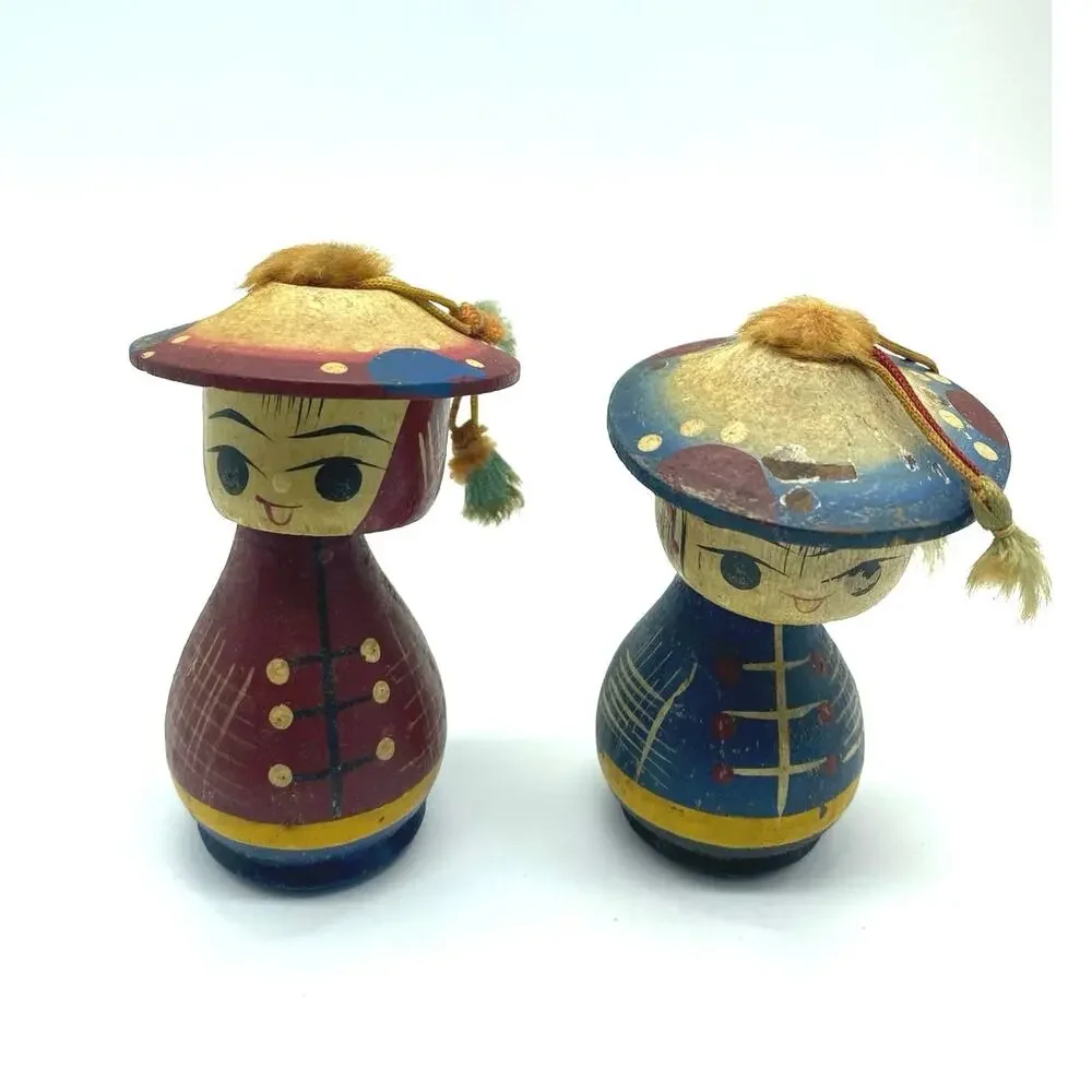 Pair‎ Vtg 50s Mid Century MCM WOODEN KOKESHI Bobblehead  Dolls Figurine Japan